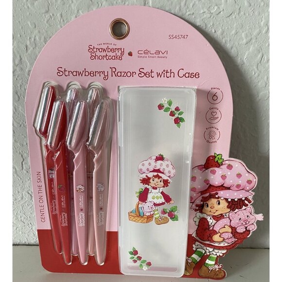 6 Piece CELAVI x Strawberry Shortcake & Custard RAZOR SET With Case Pink Red NEW - Picture 1 of 12